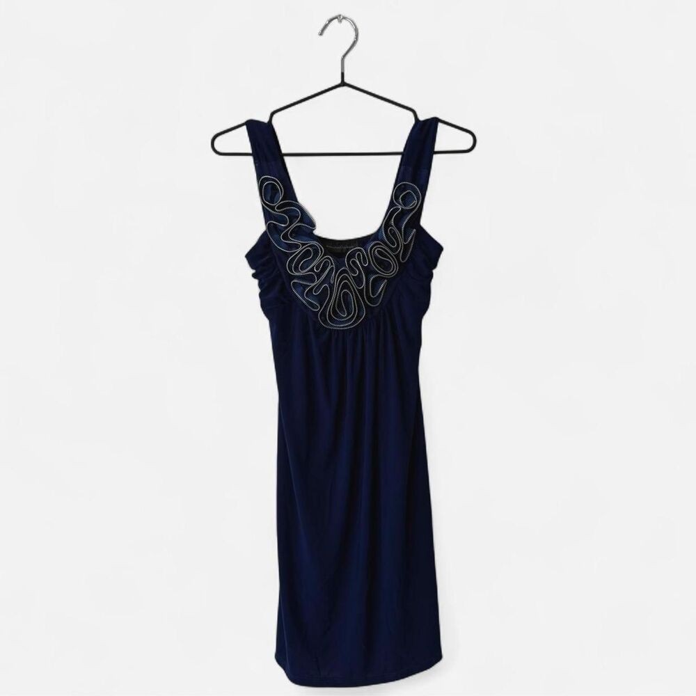 90s Navy blue 3d floral swirly neckline mini fairy whimsy dress silver details S